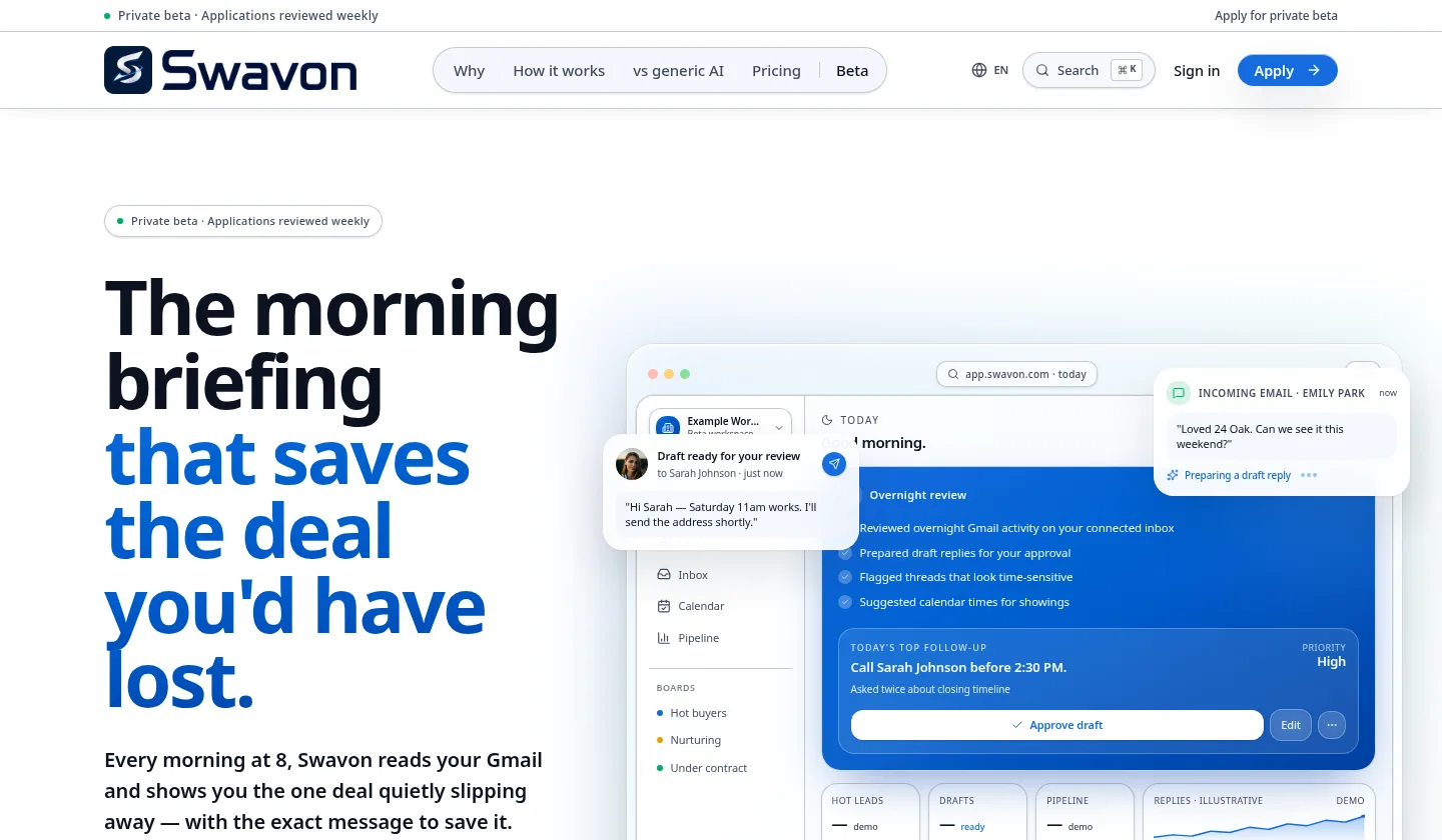Swavon real estate follow-up platform desktop interface