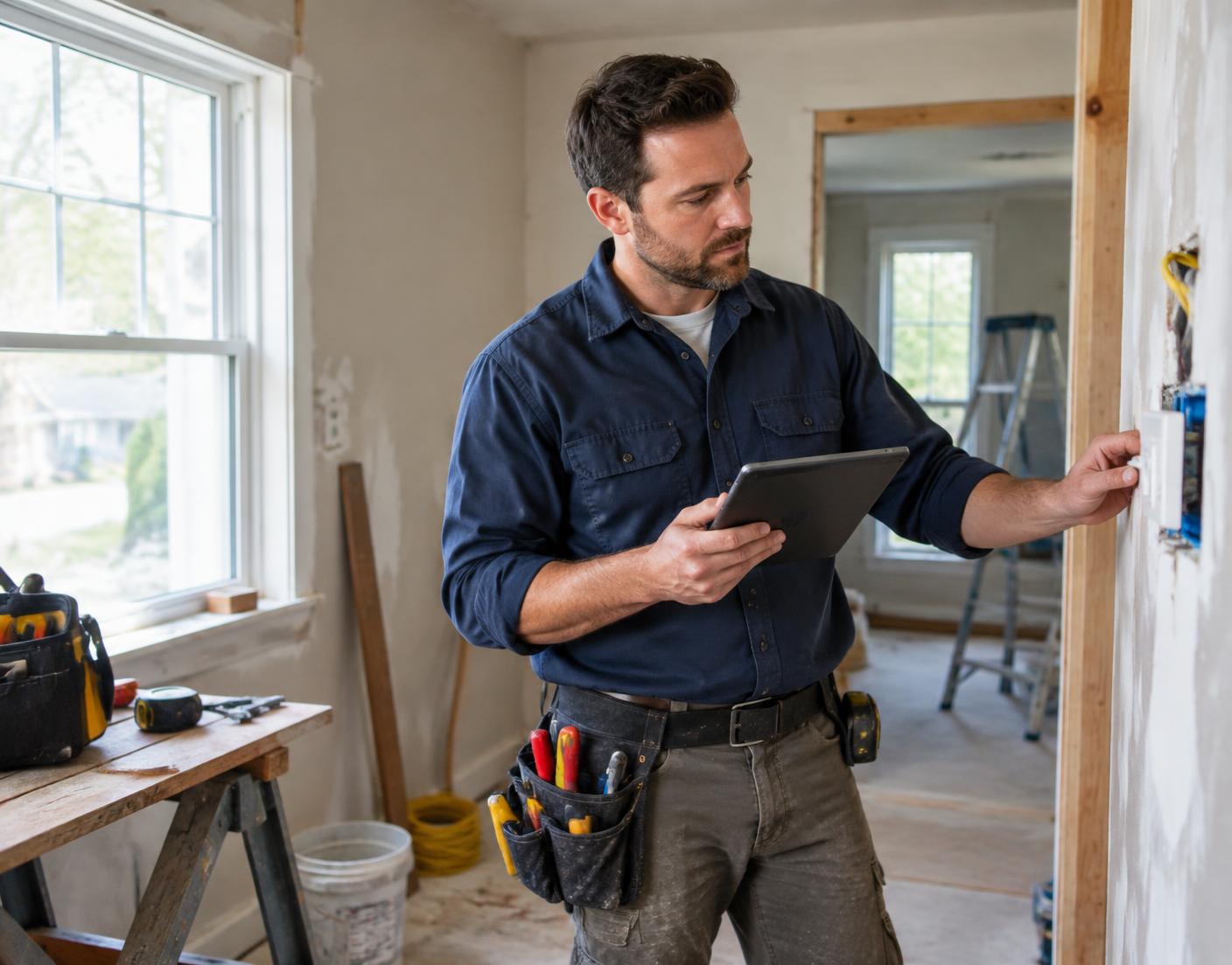 Local service professional reviewing job details on a tablet inside a home