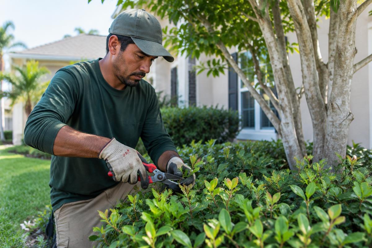 Landscaper trimming shrubs outside a home