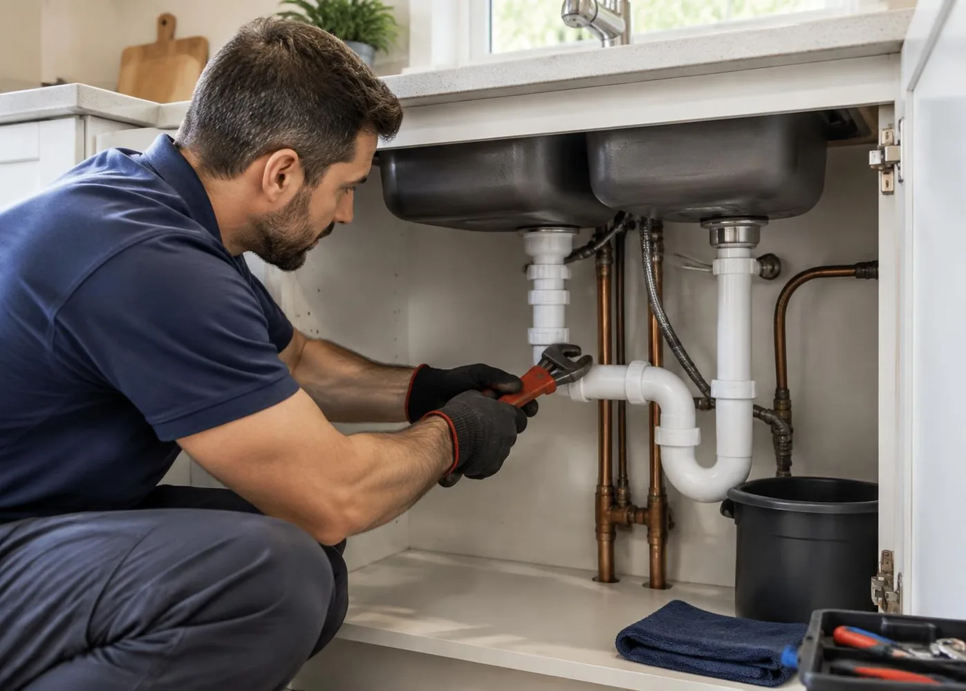 Plumbing professional repairing residential pipes inside a home