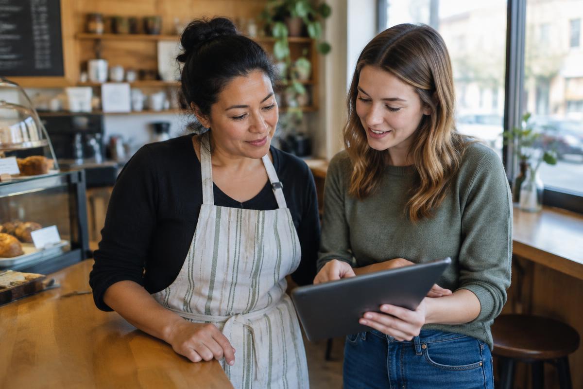 Cafe owner reviewing her business website on a tablet with a designer